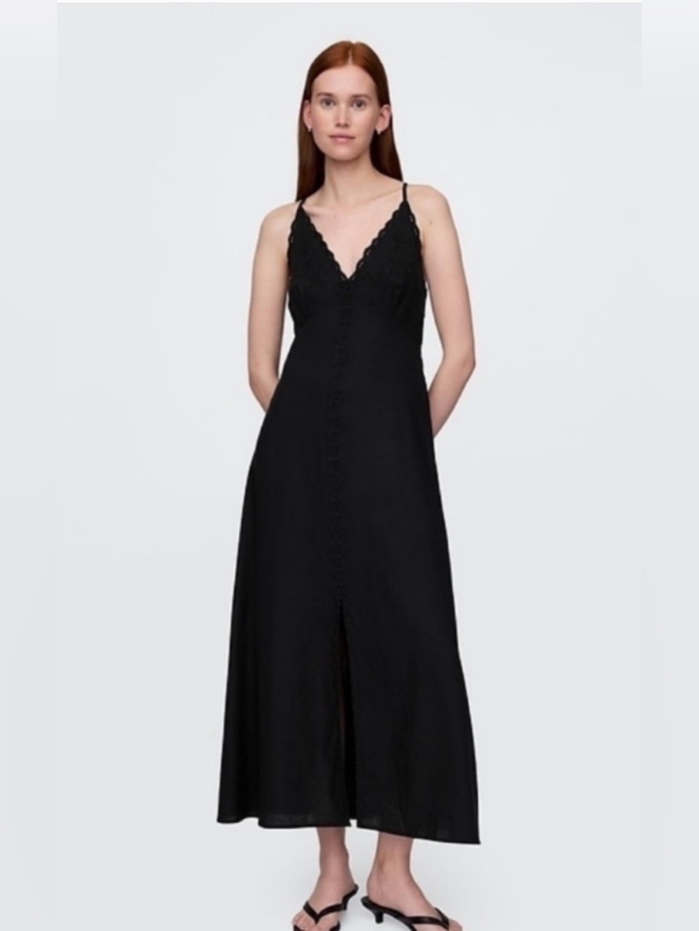 NWT Gap Linen blend Embroidered Halter Maxi Black Dress Sz XS (#777458) 🏝️